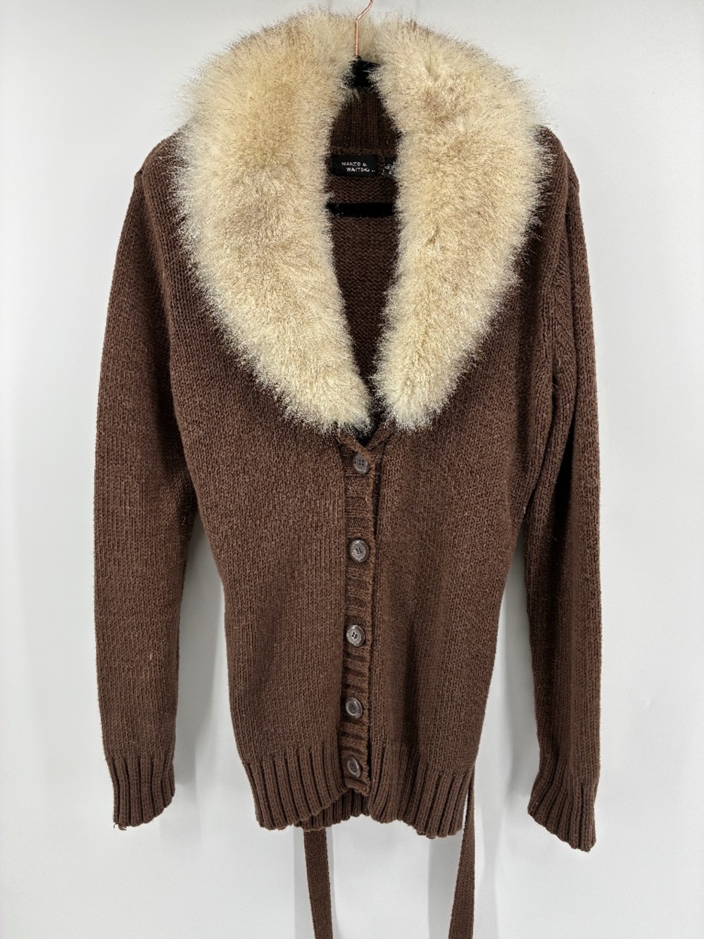 Faux-Fur Collar Brown Knit Cardigan Sweater